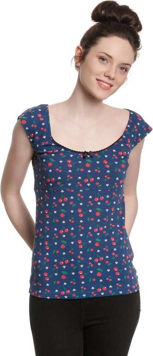 Pussy Deluxe Top -L- Cat Paws & Cherries Blauw