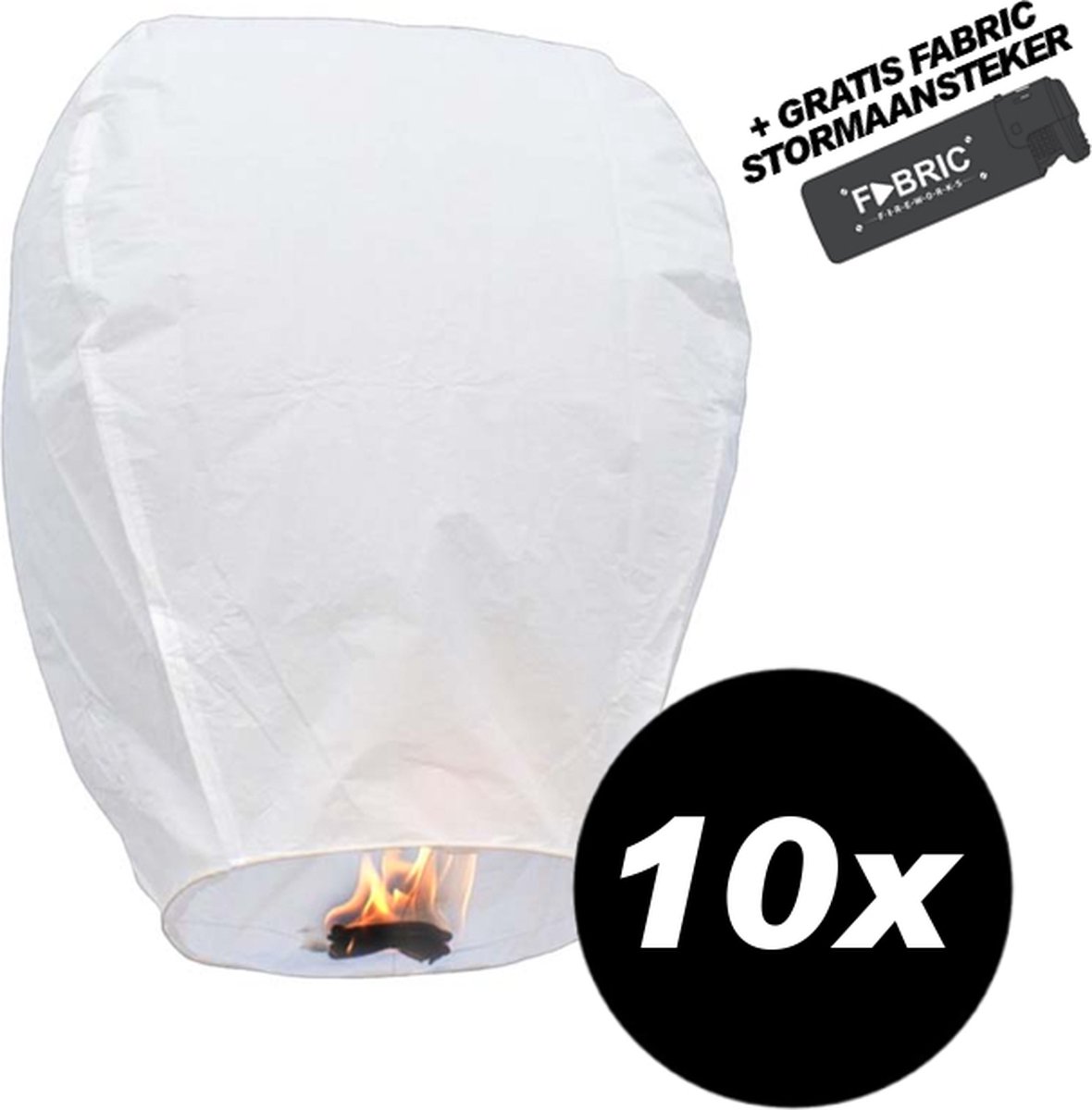 10x Wensballon Wit XL 50 x 100 cm – VOORDEELSET 10 STUKS – Pyroshopping wensballon + gratis Fabric Stormaansteker