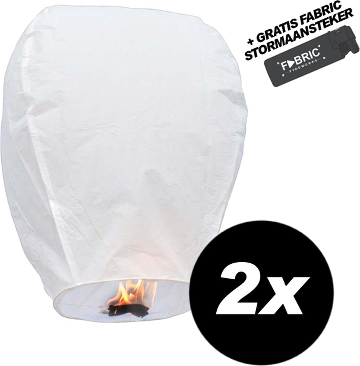 2x Wensballon Wit XL 50 x 100 cm – VOORDEELSET 2 STUKS – Pyroshopping wensballon + gratis Fabric Stormaansteker