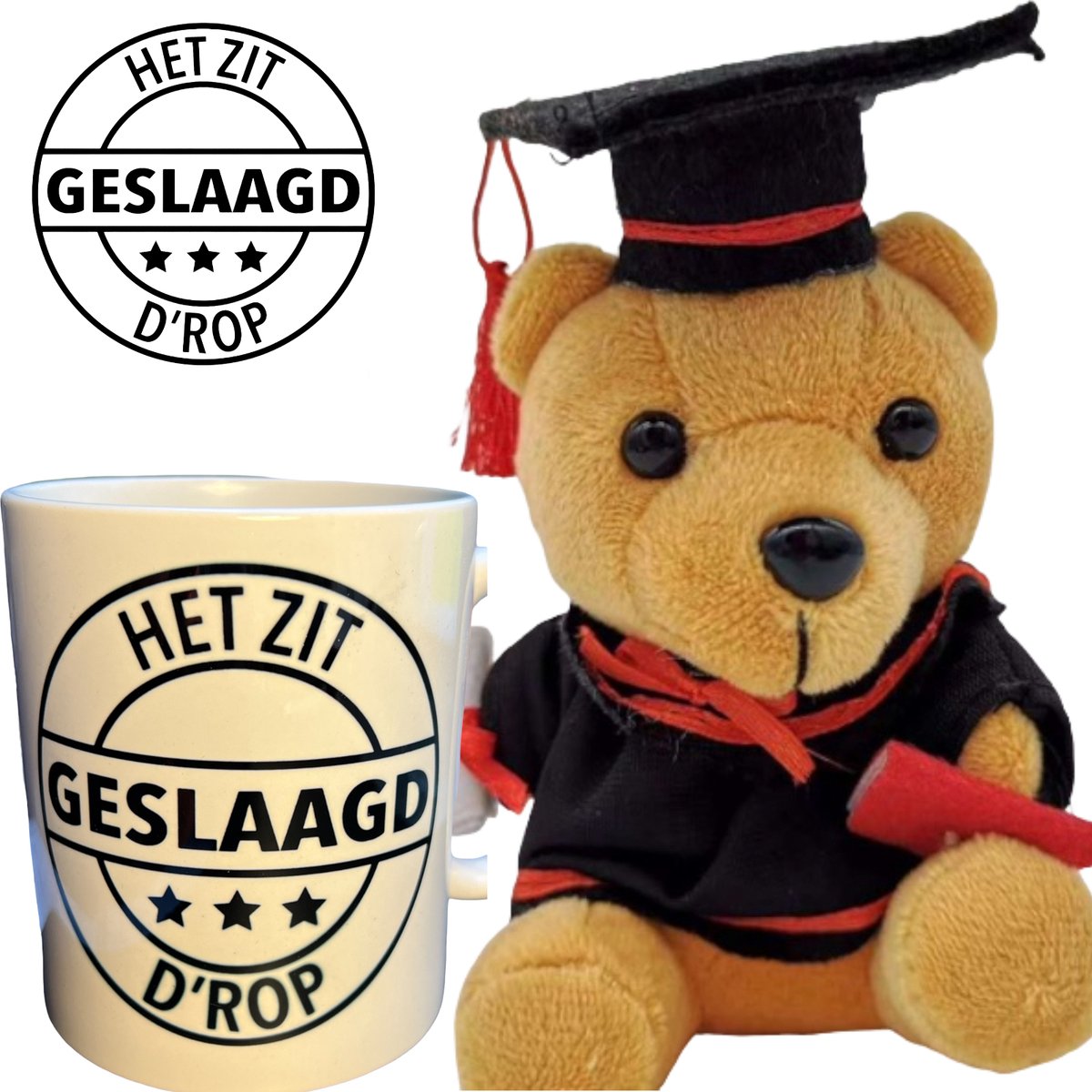 Geslaagd pakket - cadeau - Beer - bedrukte beker met drop - Dames en Heren - Meisjes en Jongens - graduation.