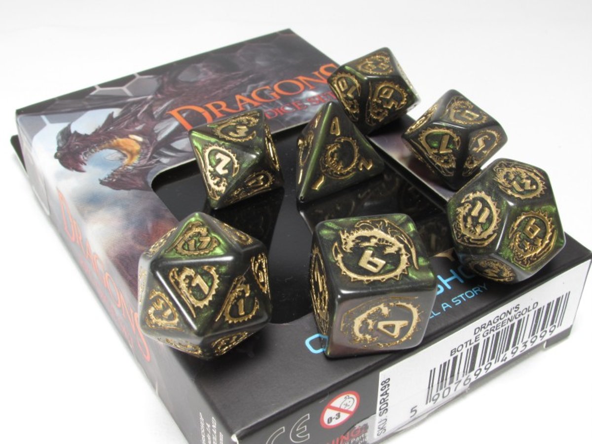 Dragons polydice set, bottle green with gold