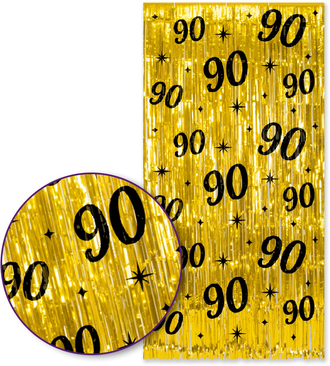  – 90 Jaar Foliegordijn – Goud & Zwart – 100×200 cm – Zelfklevend – 90e Verjaardag Versiering – Backdrop Fotomuur