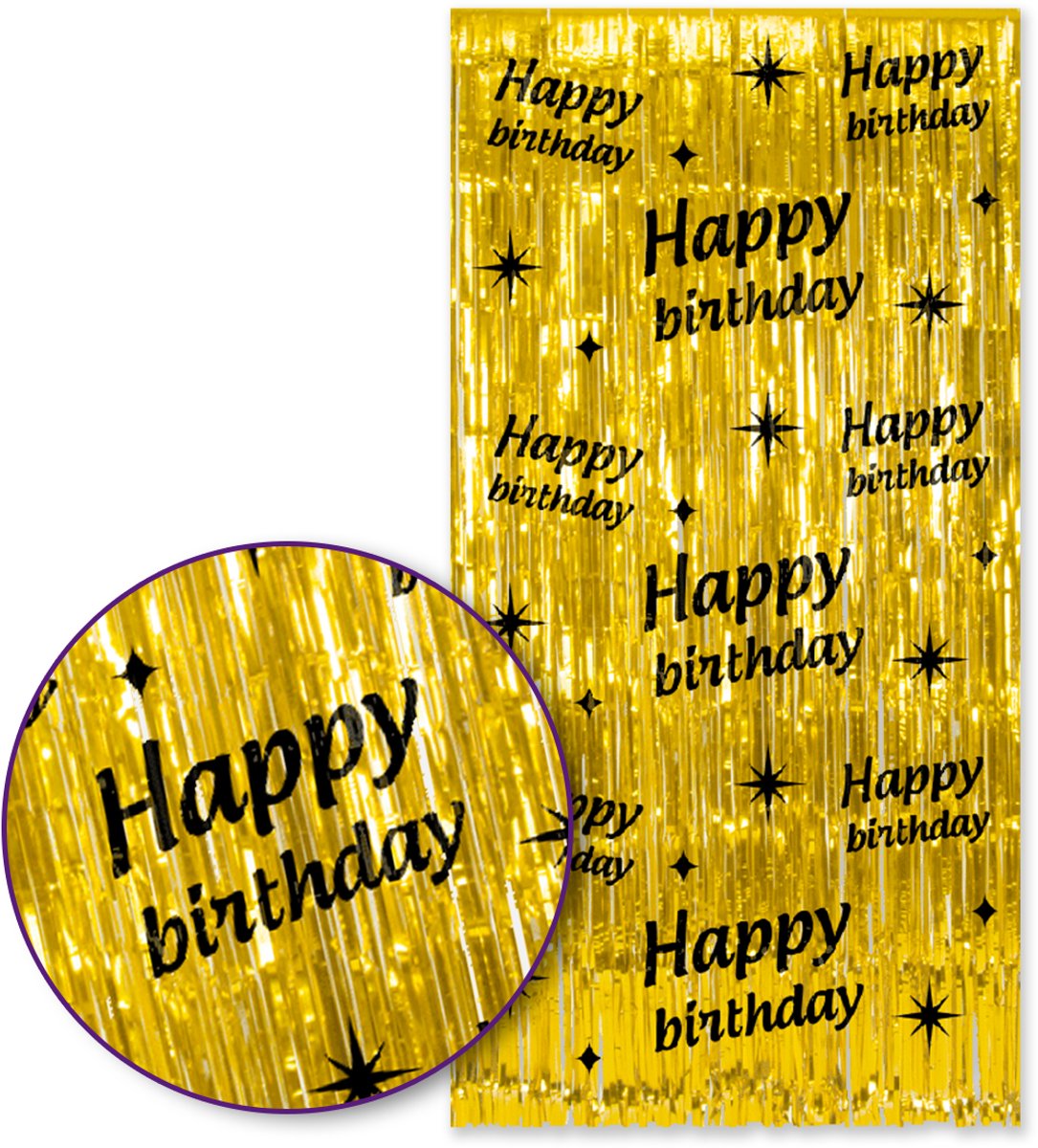   – Happy Birthday Foliegordijn – Goud & Zwart – 100×200 cm – Zelfklevend – Feest Versiering – Backdrop