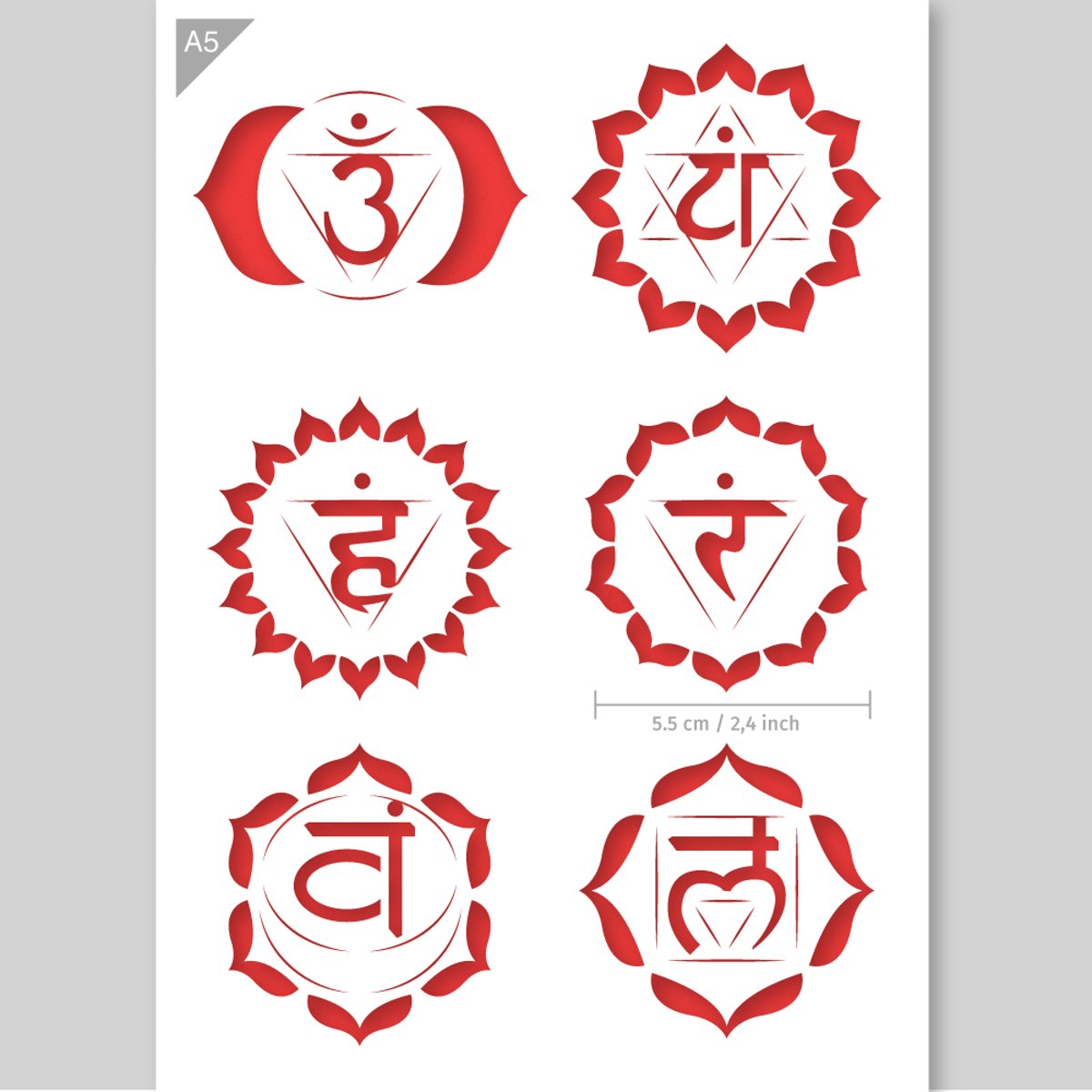 A5 6 Chakras Sjabloon – Kunststof Stencil - Diameter chakras is 5,5 cm