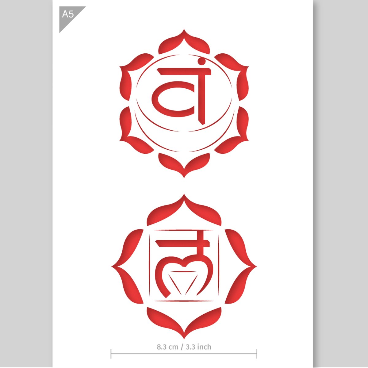 A5 Chakra Muladhara & Swadhisthana Sjabloon – Kunststof Stencil - Chakra diameter is 8,3 cm