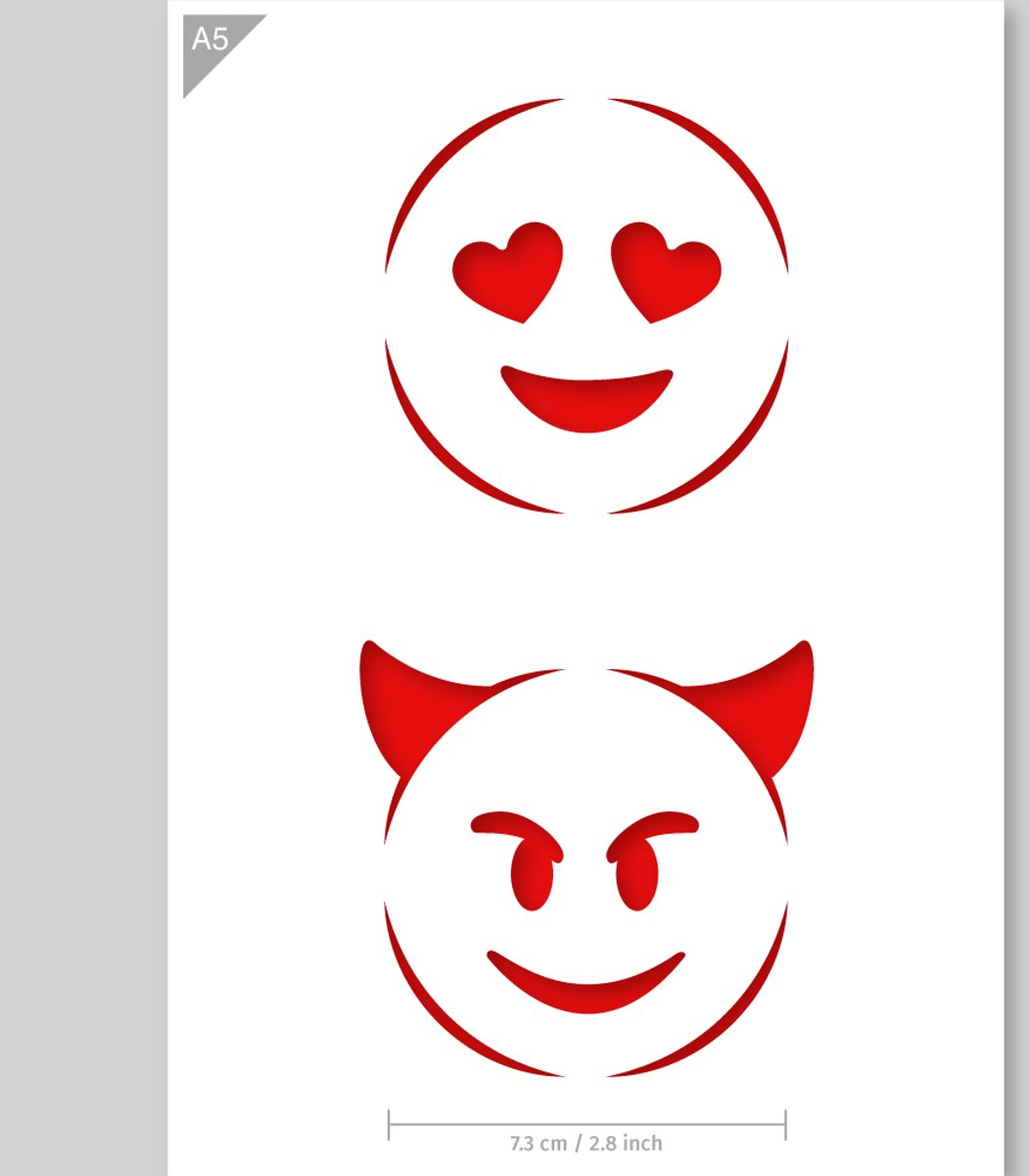 A5 Sjabloon Love en Duivel Emoji’s – Kunststof Stencil - Diameter iconen 7,3 cm