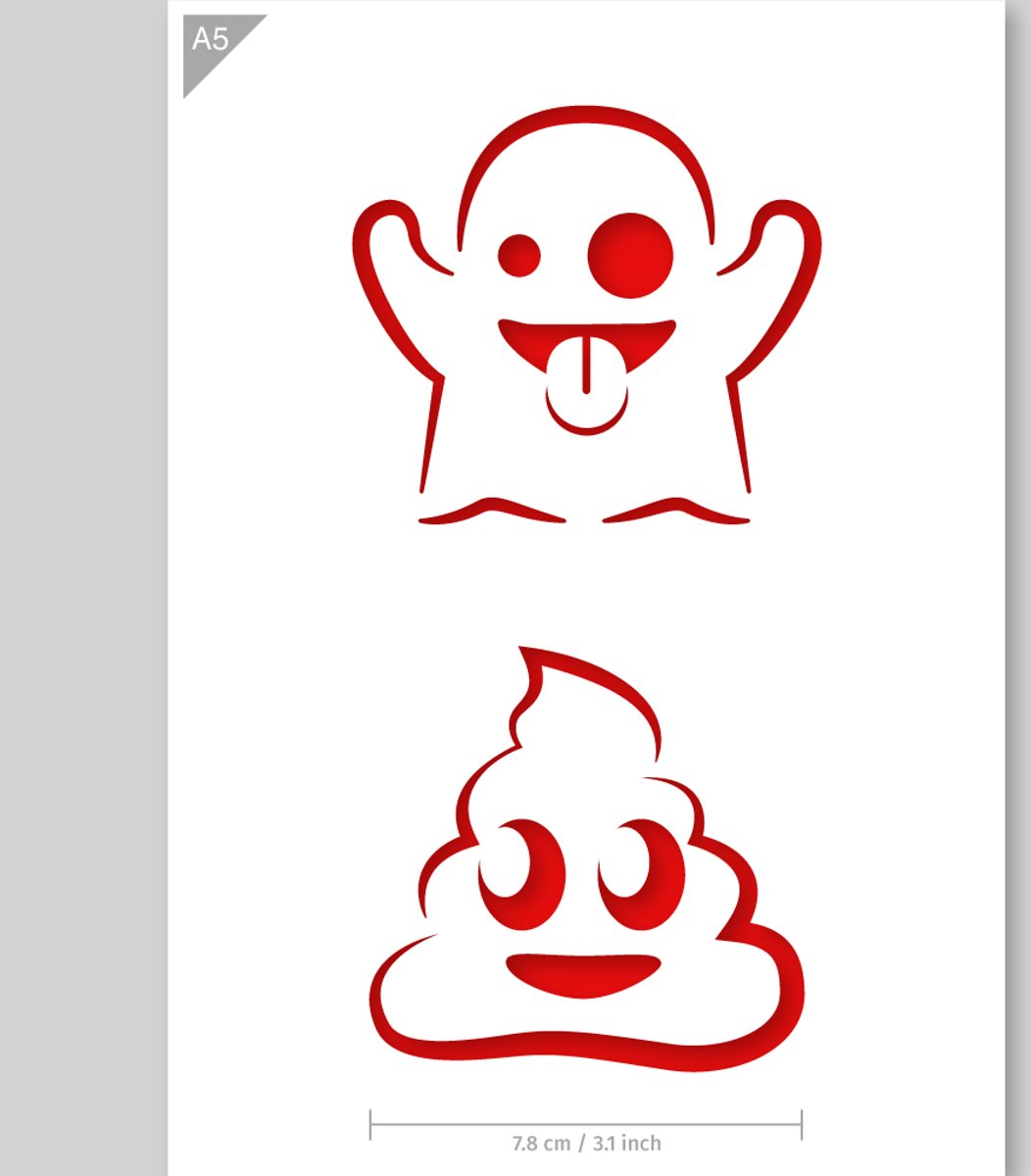 A5 Sjabloon Spook en Poep Emoji’s – Kunststof stencil - Poep emoji is 7,8 cm breed