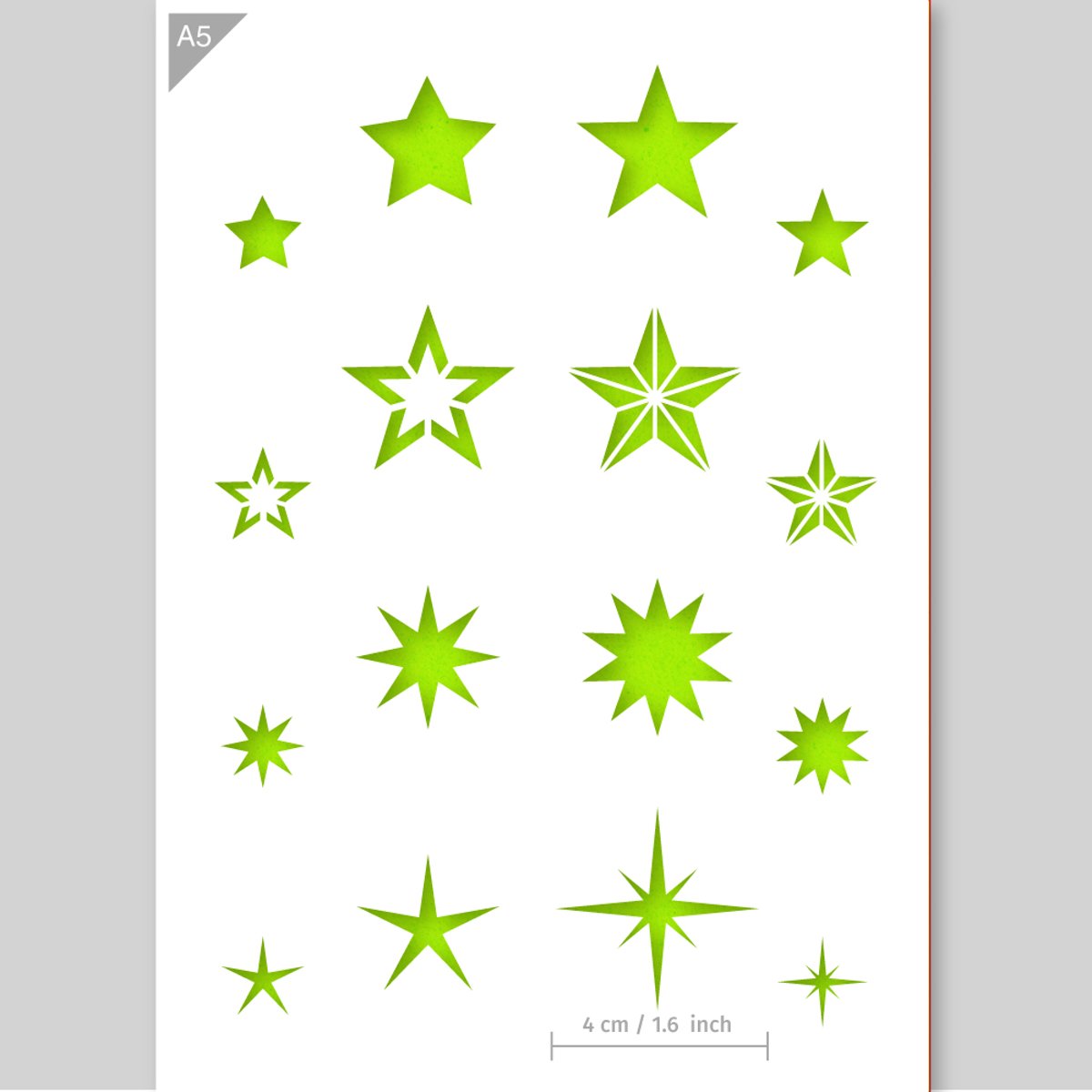 A5 Sterren Sjabloon – Kunststof Stencil - Ster rechtsonder is 4cm breed - Stencil voor airbrush, schilderen, muren, meubilair, taarten en andere doeleinden. Ook geschikt voor kinderen