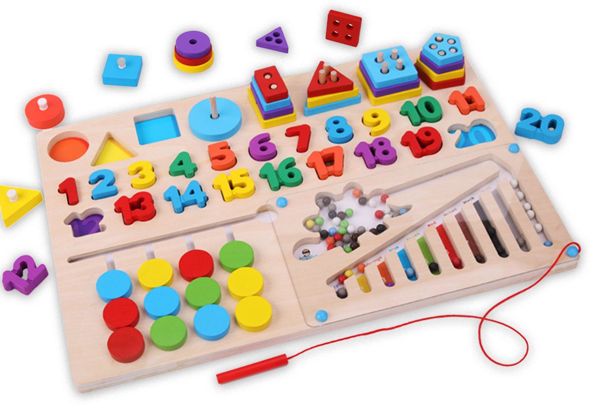 6-in-1 Montessori Houten Speelgoed - Cijfers Leren, Vormen, Rekensommen, Kleuren Sorteren & Magneetkralen - Stapelspeelgoed - Magneet spel - Logisch Denken Montessori Bord - Sensorisch - Sorteerspel - Activiteitenbord - Jongens - Meisjes - Cijfers