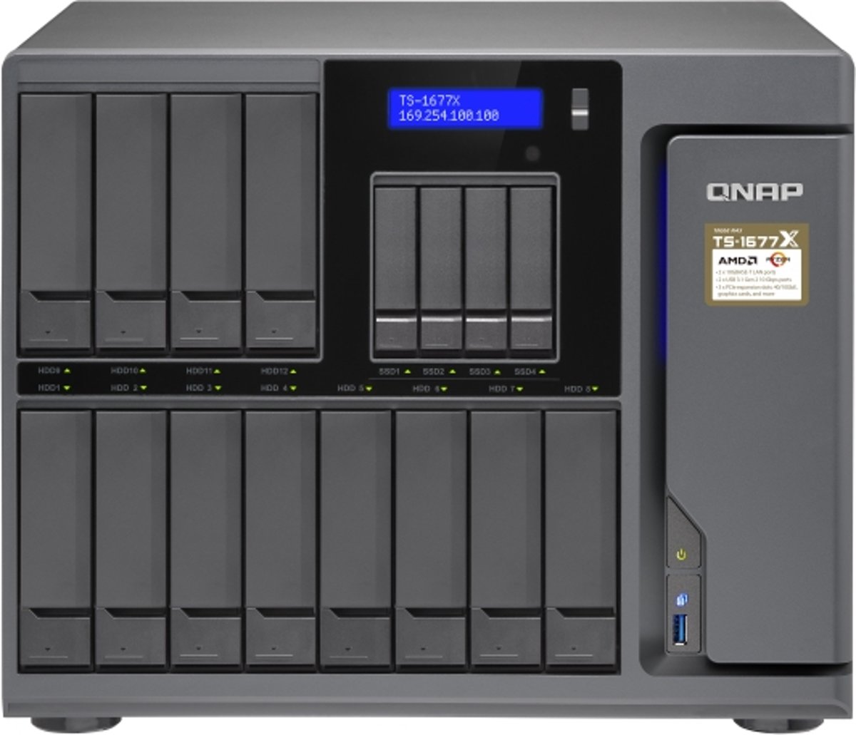 16-Bay NAS AMD Ryzen 3 1200 4-core 3.1GHz (max 3.4GHz) 4GB DDR4 RAM (max 64GBRAM) 12x 2.5i/3.5i SATA HDD/SSD + 4x 2.5i SATA SSD 4xGbE LAN 2 x 10GBASE-T