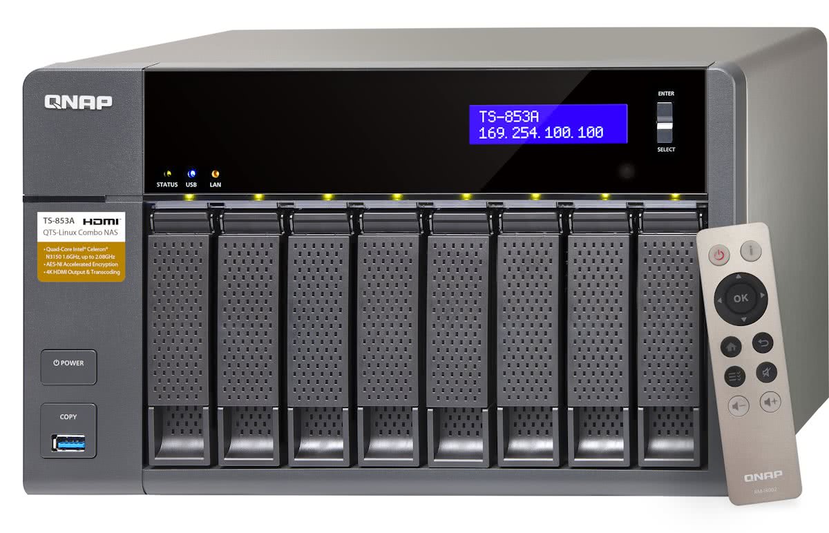 8-Bay NAS/Intel Celeron Braswell N3150 quad-core 1.6GHz (up to 2.08GHz)/4GB DDR3L SODIMM RAM (max 8GB)/SATA 6Gb/s/4xGbE/AES-NI hardware encryption/hardware tran