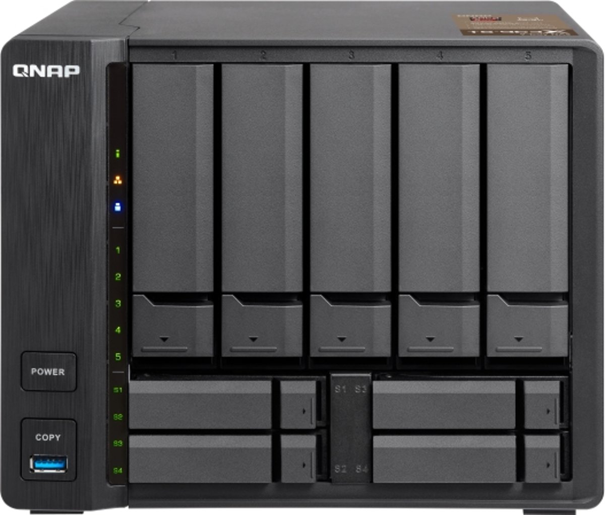 9-Bay NAS AMD GX-420MC quad-core 2.0GHz 2GB DDR3L SODIMM RAM (1 x 2GB 2 slots max 16GB) 5 x 3.5i and 4 x 2.5i drive slots 1 x 10GbE 10GBASE-T LAN 1 x GbE