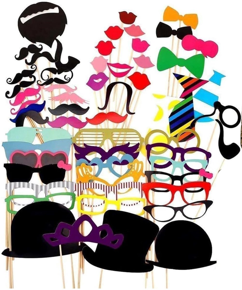  -58-delige Fotobooth Props Set – Papieren Maskers met Houten Stokjes voor Feest & Bruiloft