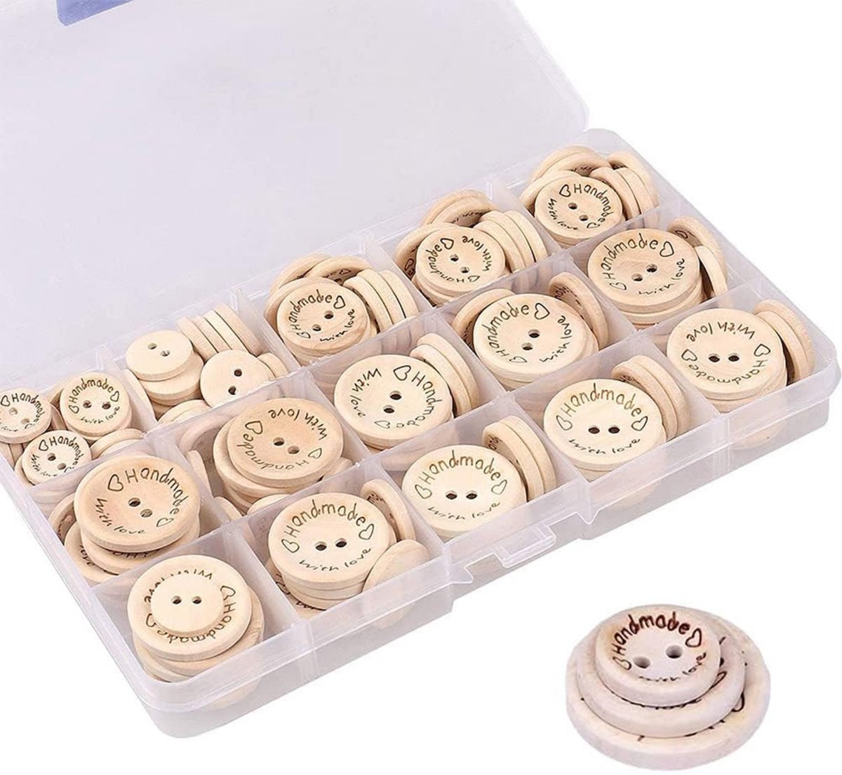 QTTVBTNA Houten Knopen Set – Handgemaakt met Hartmotief – 15/20/25 mm – Voor DIY, Naaien, Breien en Creatief Knutselen - 140 stuks
