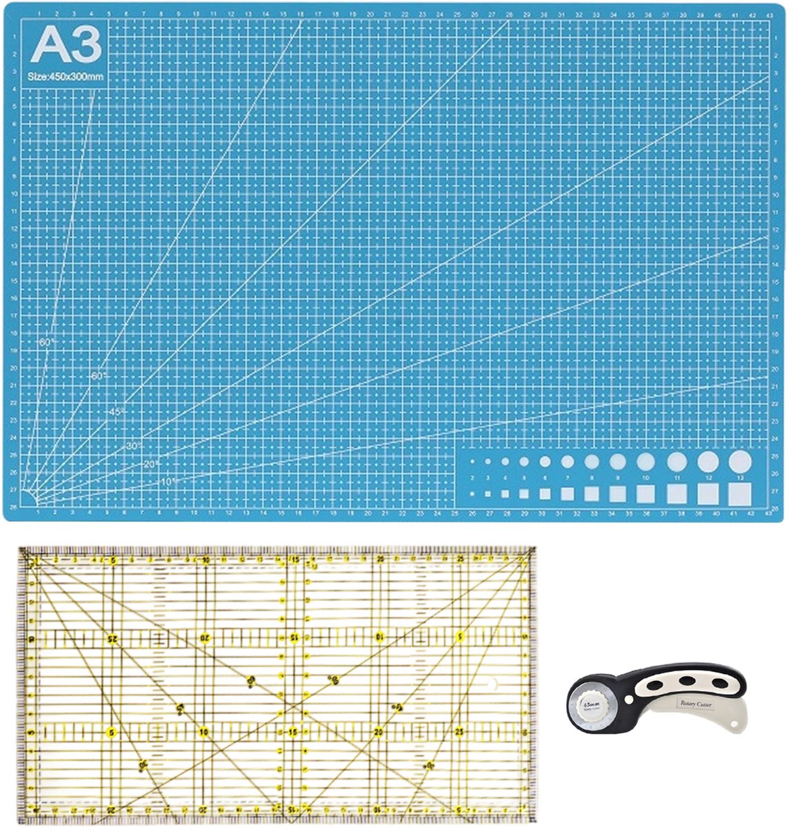 Rotatiesnijset - 45 mm rolmes met A3 snijmat - Inclusief mesjes, multifunctionele linialen & 20 clips - Voor stof & papier - DIY naaien & patchwork - Groen - 1 set