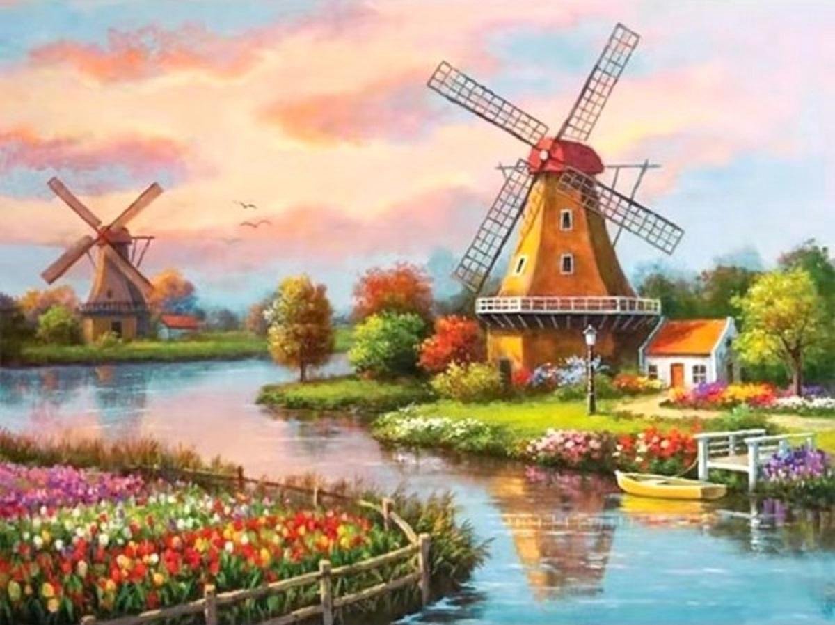 Diamond Painting Landschap met molens- Compleet pakket- Incl pen en bakje- 30x40cm