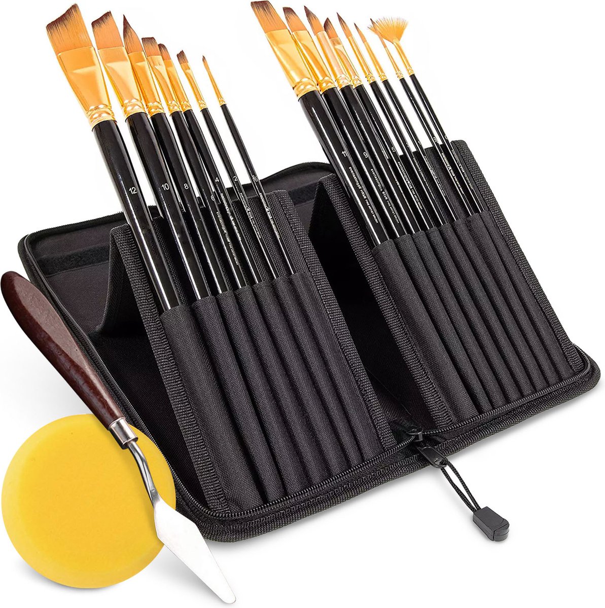 Luxe set Penselen met paletmes en spons –geschikt voor acrylverf, olieverf, aquarelverf en gouache – 15 professionele penselen in luxe etui – Schilderen, Modelbouw