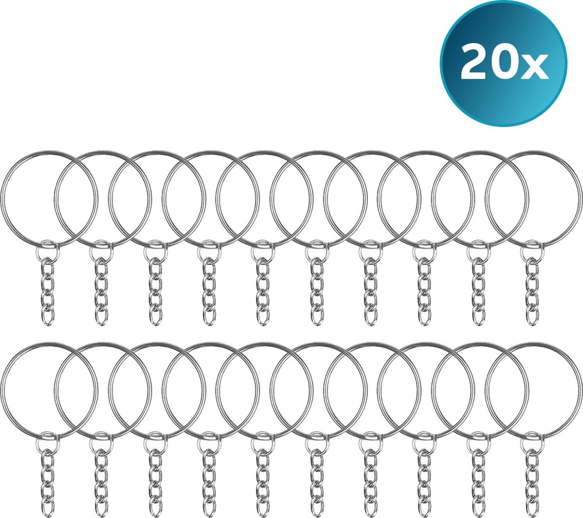 Sleutelhanger - Sleutelring 25mm - splitring met ketting – 20 stuks – RVS