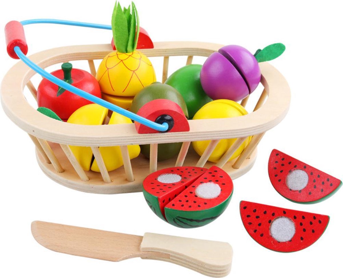 Houten Speelgoed Snijset - Fruitmand met 10 verschillende soorten fruit gesneden - Groentemand/Picknickmand/Ontbijt Box - Speelgoedeten en -drinken - Speelgoed Fruitset - Deluxe Tasty Treats - Namaak Etenswaren