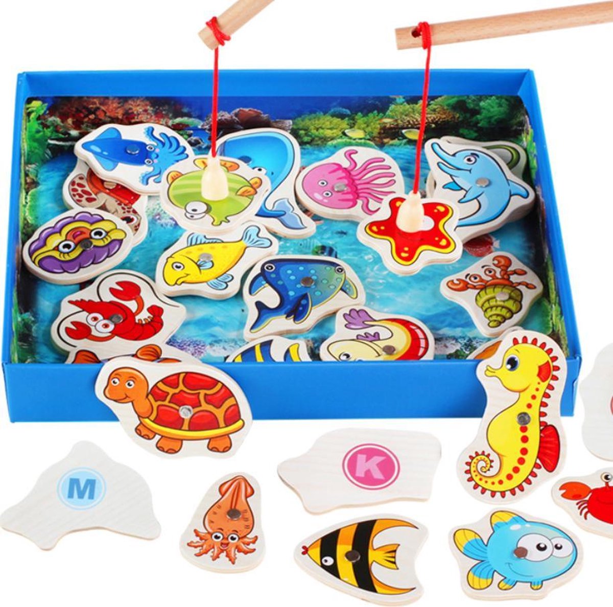 Prachtige Oceaanwereld!! Visspel Magnetisch met 2 hengels en 26 vissen met letters - Hengelspel - Fishing Game - Houten Magnetisch Visspel - Fijne motoriek speelgoed - Montessori educatief speelgoed