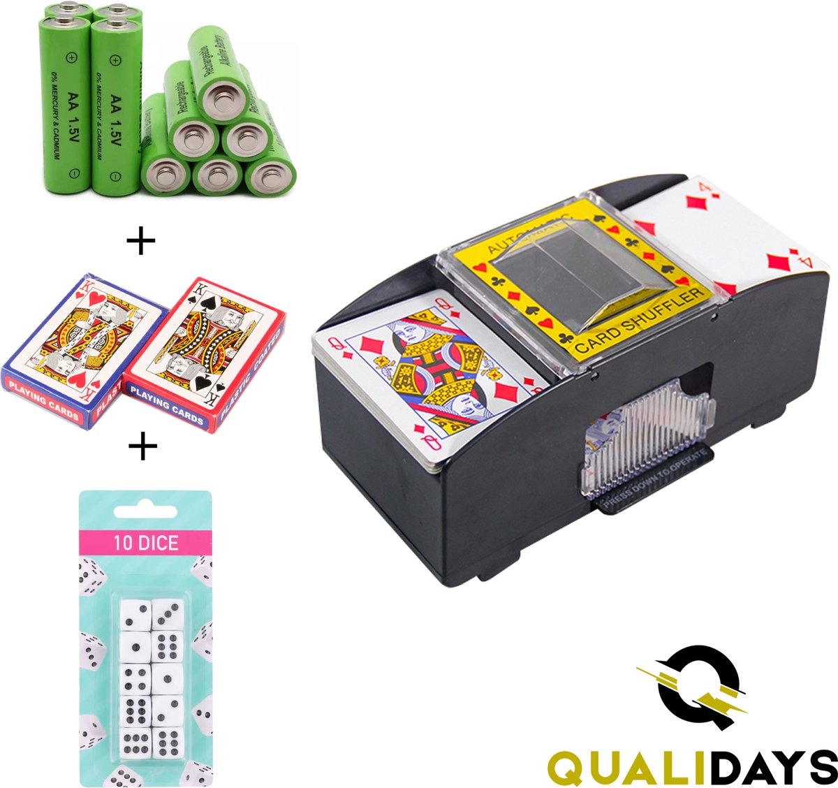 Qualidays kaartenschudmachine - incl. 2 gratis set speelkaarten - kaarten - poker - incl. batterijen - Speelkaarten Schudder - Kaarten Schudmachine - Automatische Kaartschudder