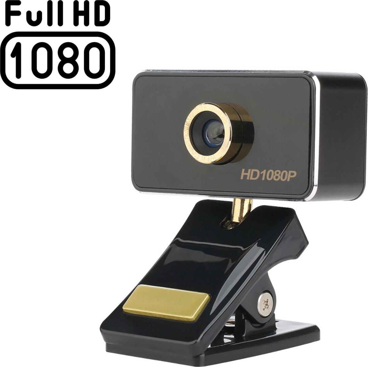 Webcam Full HD 1080P - Webcam voor PC met USB - Webcam met Microfoon - Ruisonderdrukking - Plug & Play - Stevige Klem - Lange Kabel - 360° draaibaar - Windows & Mac - Zwart/Goud