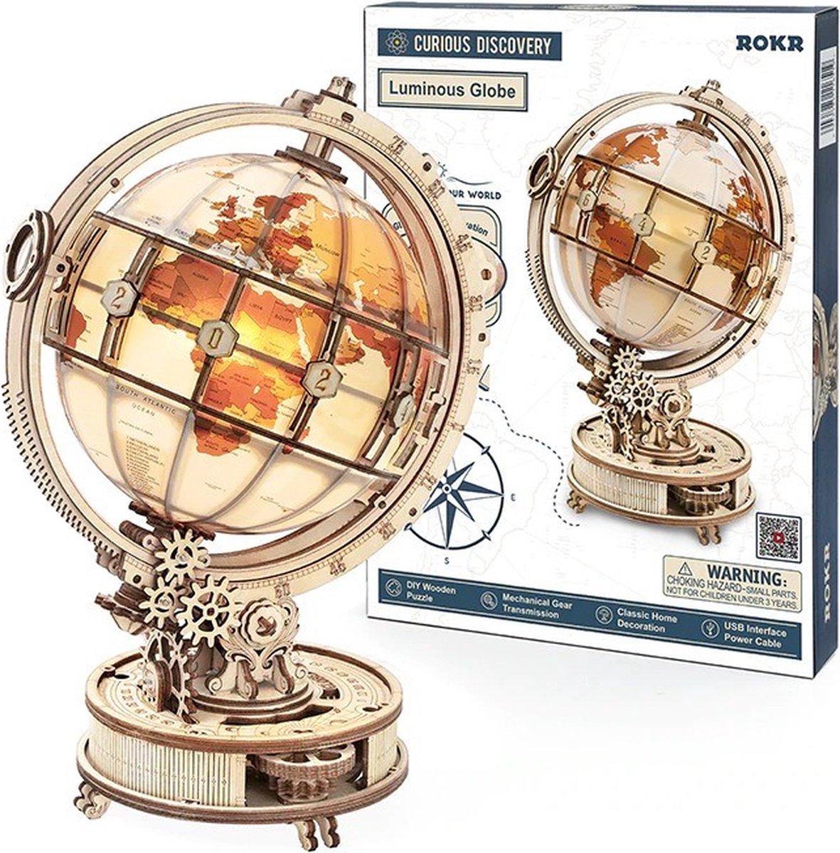 Quali® DIY Globe 3D Puzzel -Houten Puzzel- Realistische puzzel LED Verlichting - 180 Stuks Puzzel - Geschikt Voor Alle Leeftijden