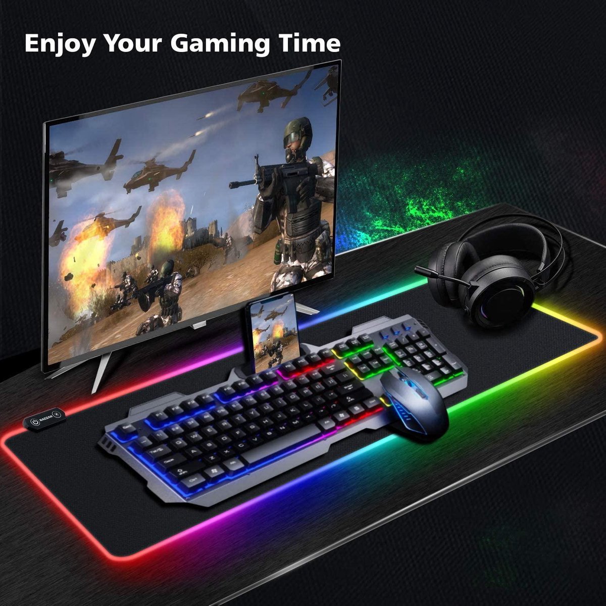 gaming muismat XXL-muismat met 7 LED-kleuren 14 verlichtingsmodi muis pad computertoetsenbord muis pad met waterdichte, antislip rubberen basis voor games, computer, PC 800 × 300 × 4 mm