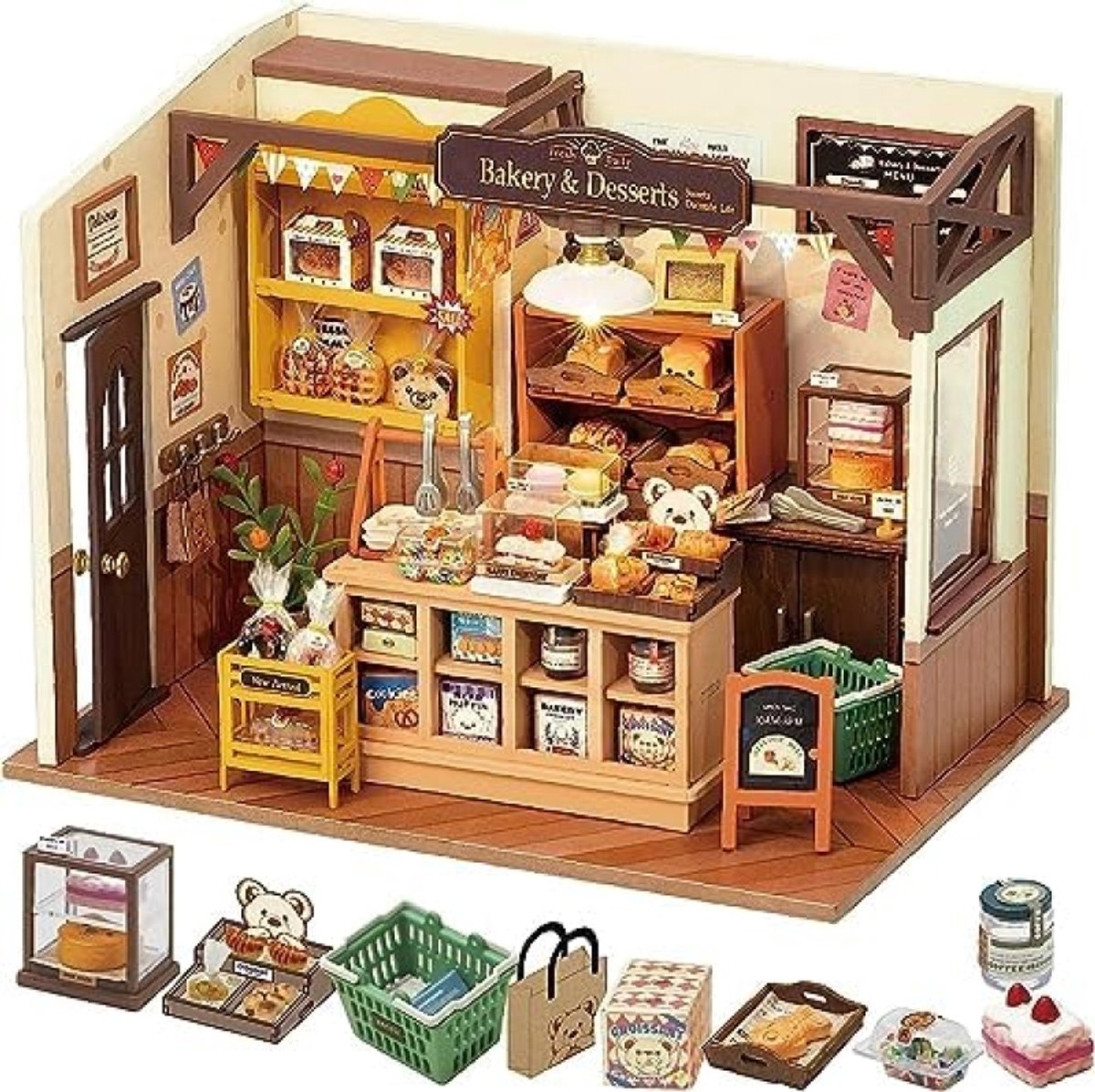 Doe-het-zelf Miniatuur Bakkerij Bouwpakket met LED Verlichting - Creatief   Model voor Volwassenen en Kinderen - Ontspannend Knutselproject met Gedetailleerde Meubels en Accessoires