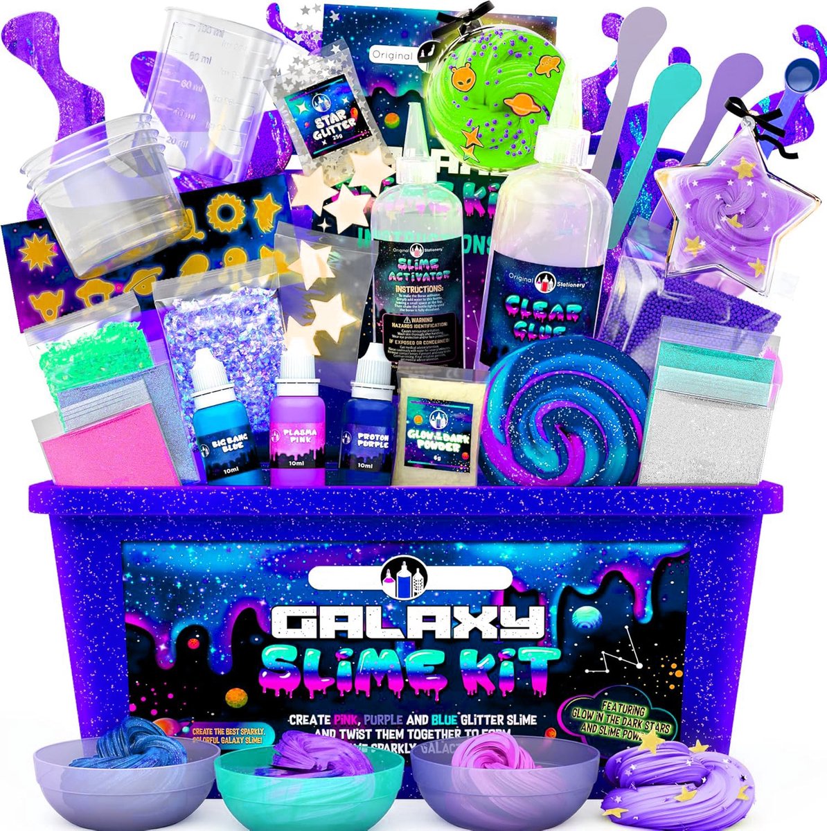 Galaxie slijmkit met glow in the dark lijm en sterrenglitter