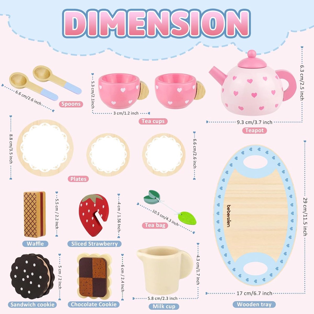 Houten Theeset Speelgoed voor Kinderen - Roze Hartvormig Theeservies met Koekjes en Theepot - Educatief Keukenspeelgoed voor 3 4 5 Jaar Oud Meisjes en Jongens - Verjaardagscadeau
