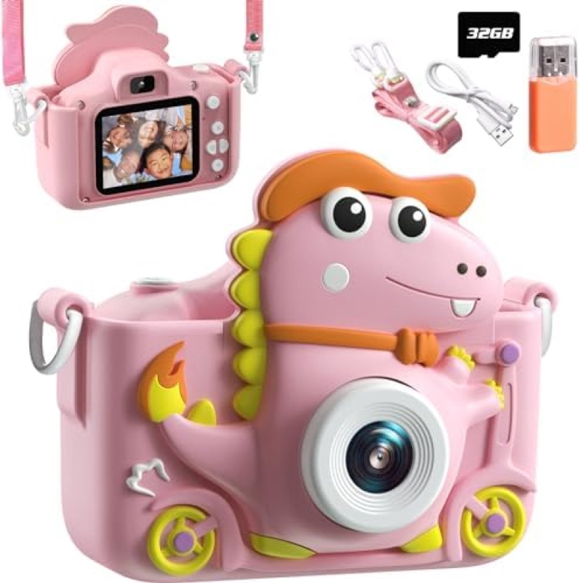 Kindercamera Dinosaurus Ontwerp - 2 Inch Display - 1080p HD Video - Digitale Selfiecamera voor Kinderen met 32 GB Geheugenkaart - Fotocamera voor 3-12 Jaar - Educatief Speelgoed - Roze