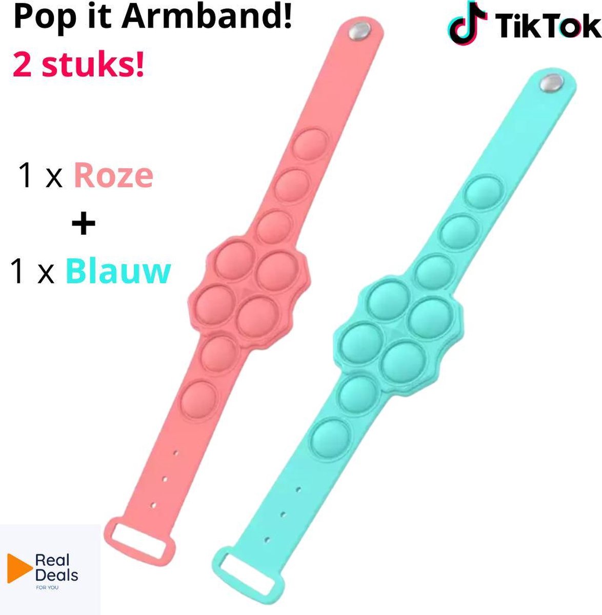 Fidget Toy – Pop It  - Armband –  Set van 2  – PopIt Bracelet – Horloge vorm - 2 Stuks! - Kleur Blauw + Roze