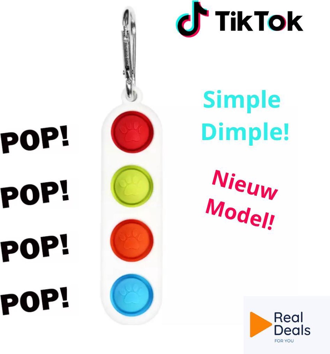 Simple Dimple Sleutelhanger - Simple Dimple Vier Kleuren - Nieuw Model – Simple Dimple Rechthoek– Hondenpootjes – RealDeals! Fidget Collection