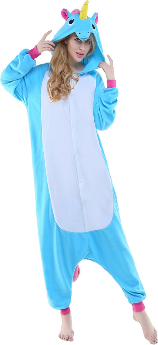 Blauw / Roze Unicorn Onesie voor volwassenen - Blauwe Unicorn Kigurumi Pyjama - Maat L