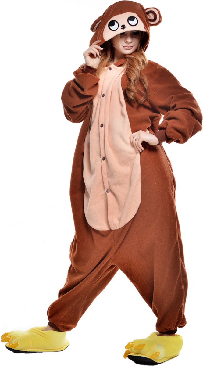 Schattige Bruine Aap Onesie voor volwassenen - Aap Kigurumi Pyjama - Maat L