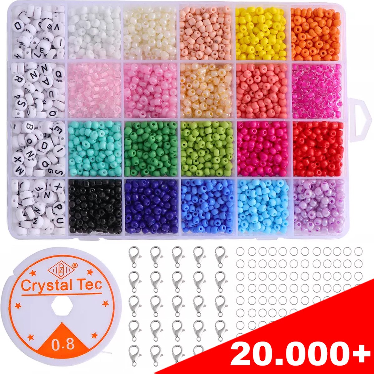 Renalux 20.000 Glaskralen Set Deluxe - Letterkralen Mix - Alfabet Kralen - Glaskralen Mix - Sieraden Maken Volwassenen Pakket - Sieraden Maken Starterspakket - Kralenset Sieraden Maken Set - Kralendoos - Rocailles - 20.000+ Stuks