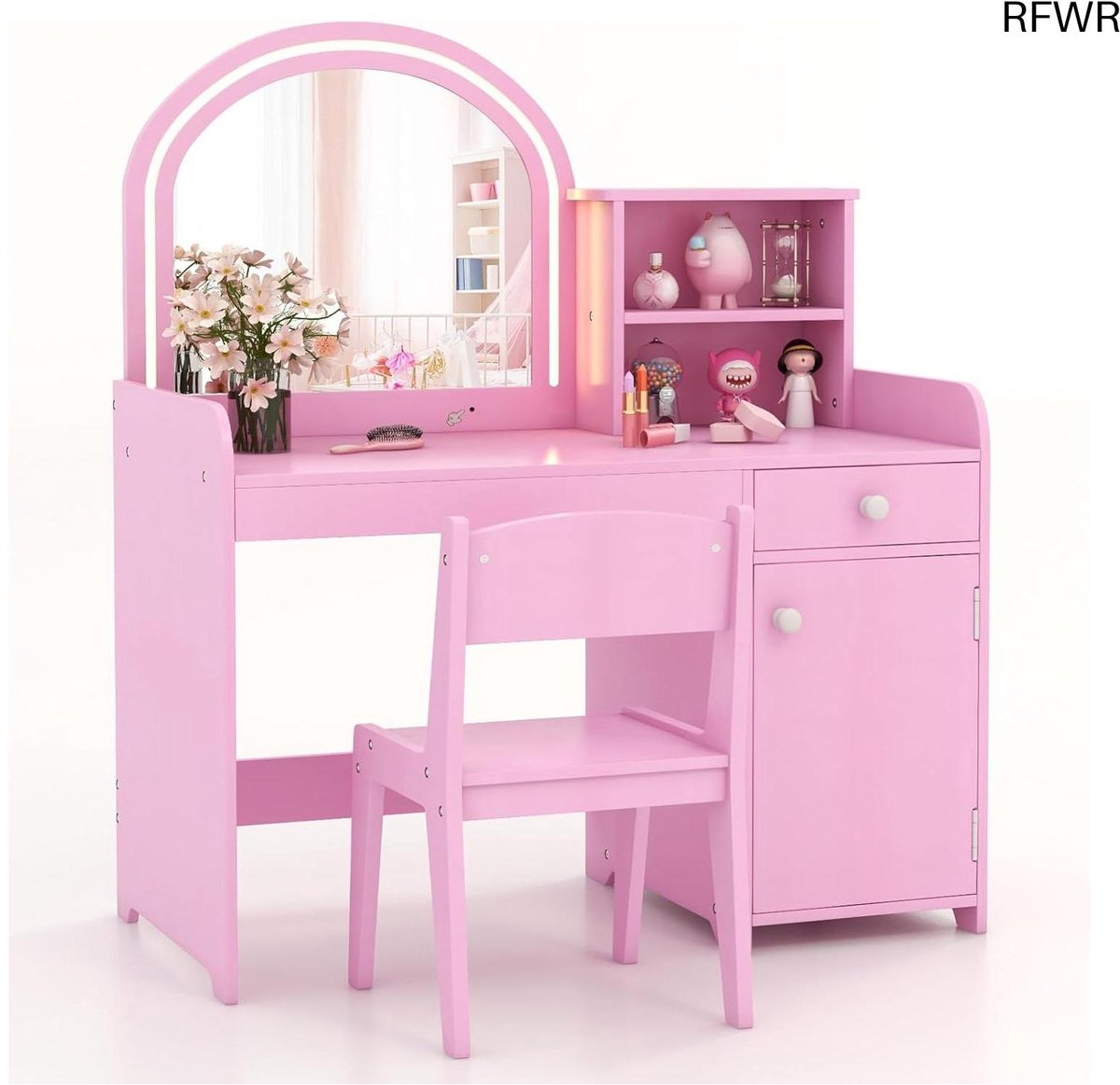  ® 2-in-1 Make-uptafel en Bureau voor Kinderen met LED Spiegel en Opbergruimte