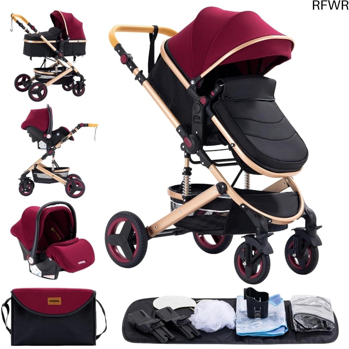 ® 3-in-1 Kinderwagen Met Verstelbare Handgreep, Autozitje,   En Demping Voor Babys Van 0-36 Maanden - Rood