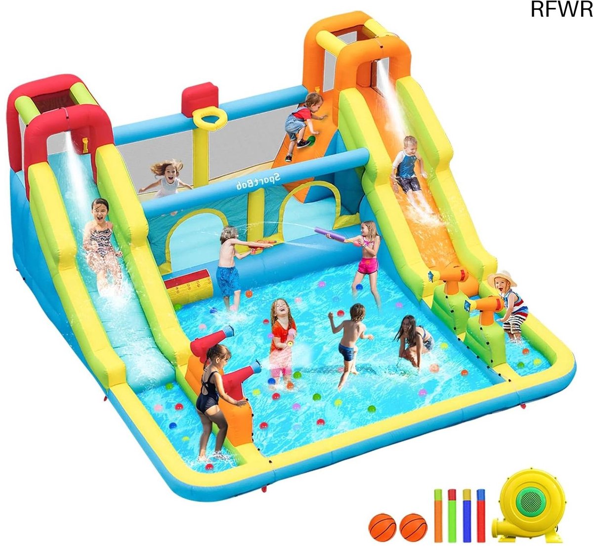  ® Groot Springkasteel met Waterglijbaan, Klimwanden, Basketbalmand en Waterspuitkanonnen voor Kids - Indoor & Outdoor plezier