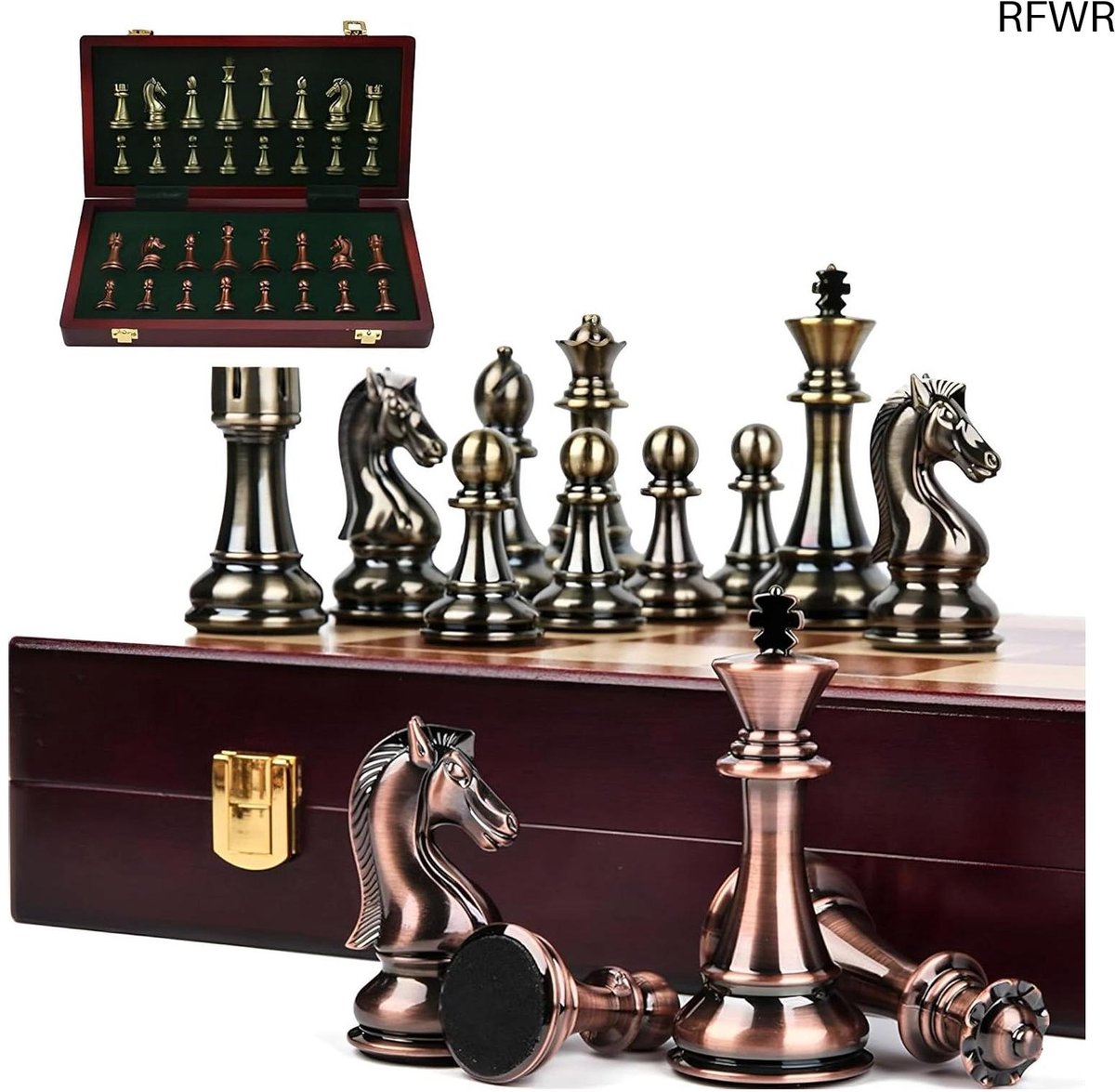  ® Hout en Metaal Schaakspel - Hoogwaardig Inklapbaar Schaakbord met Opbergdoos