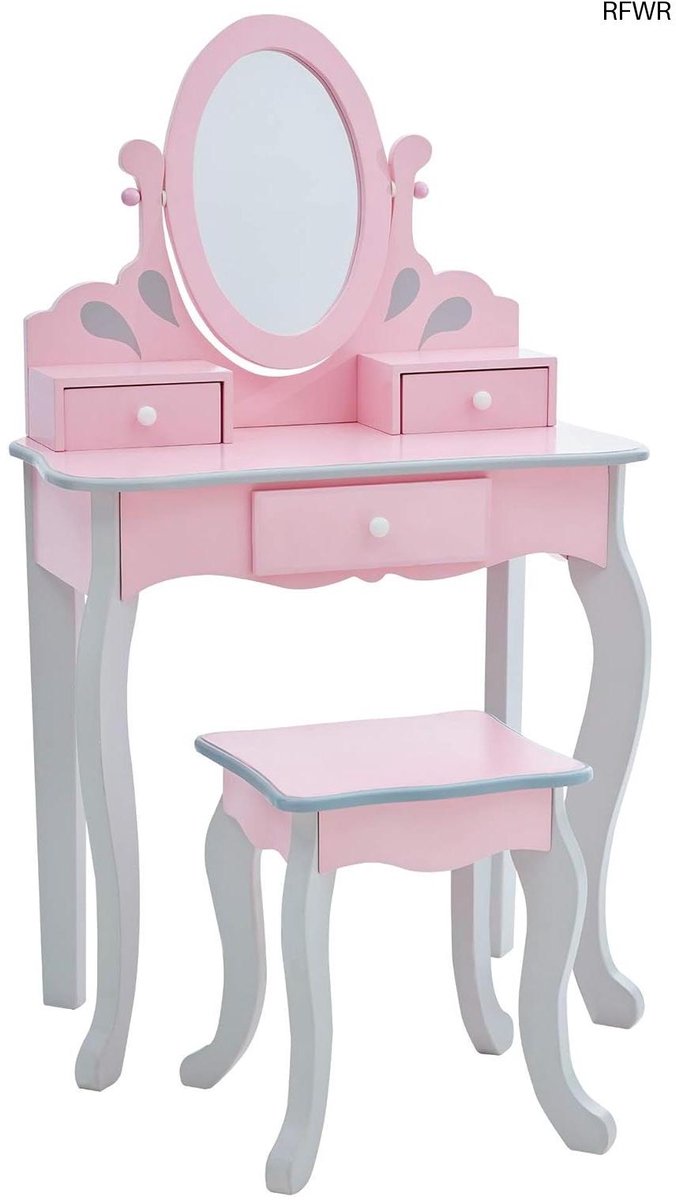  ® Houten Kaptafel Set voor Kinderen - Make-Up Tafel met Spiegel en Stoel - Roze/Grijs