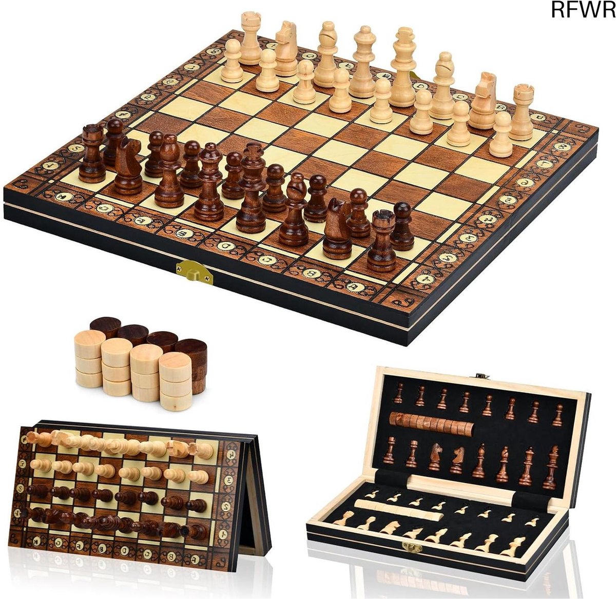  ® Houten Magnetisch Schaakspel 2 in 1 - Opvouwbaar en Met Opbergruimte voor Reizen en Familieactiviteiten