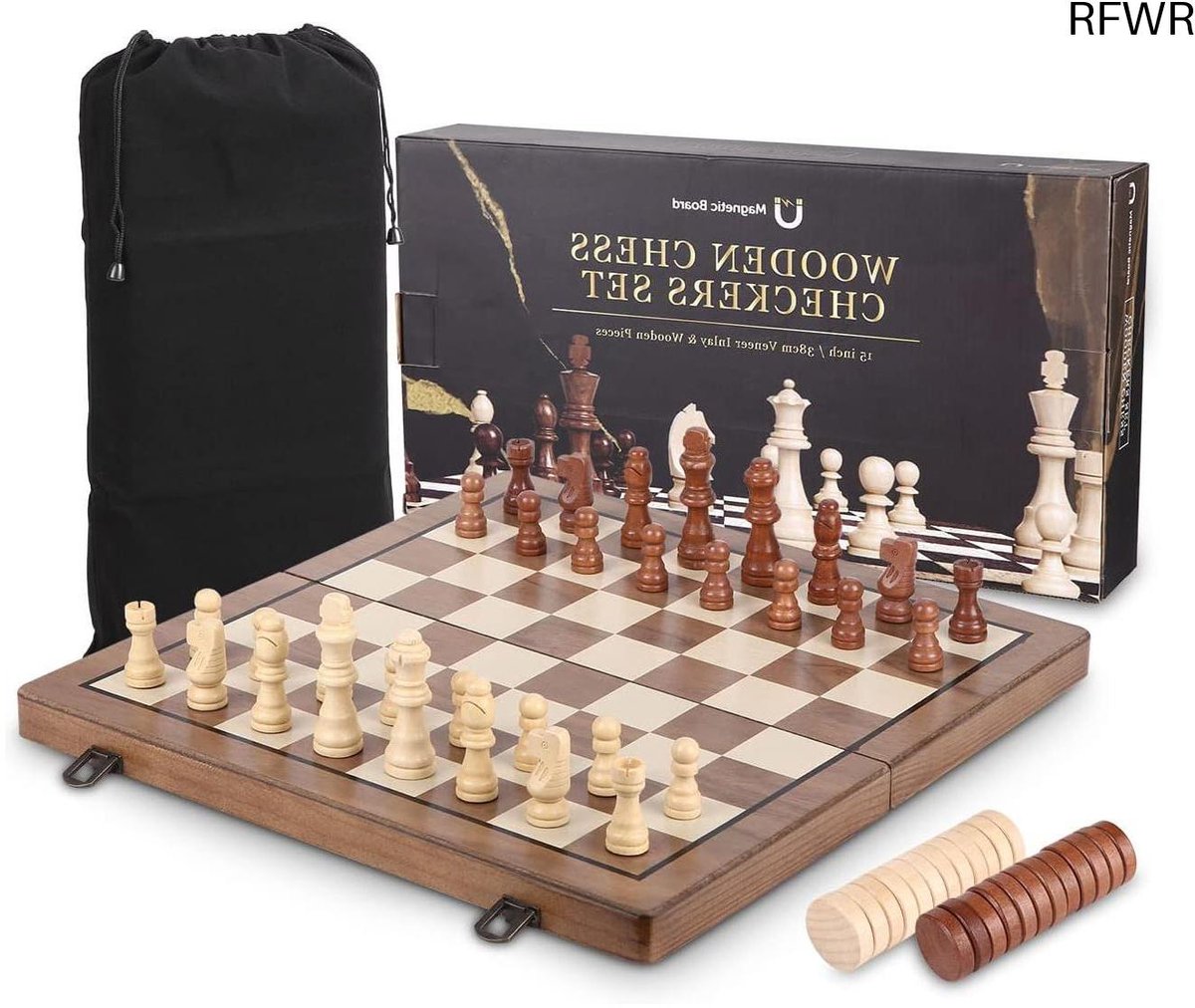  ® Inklapbaar 2-in-1 Schaak- en Damspel van Hout met Magnetische Figuren - 39 x 39 cm