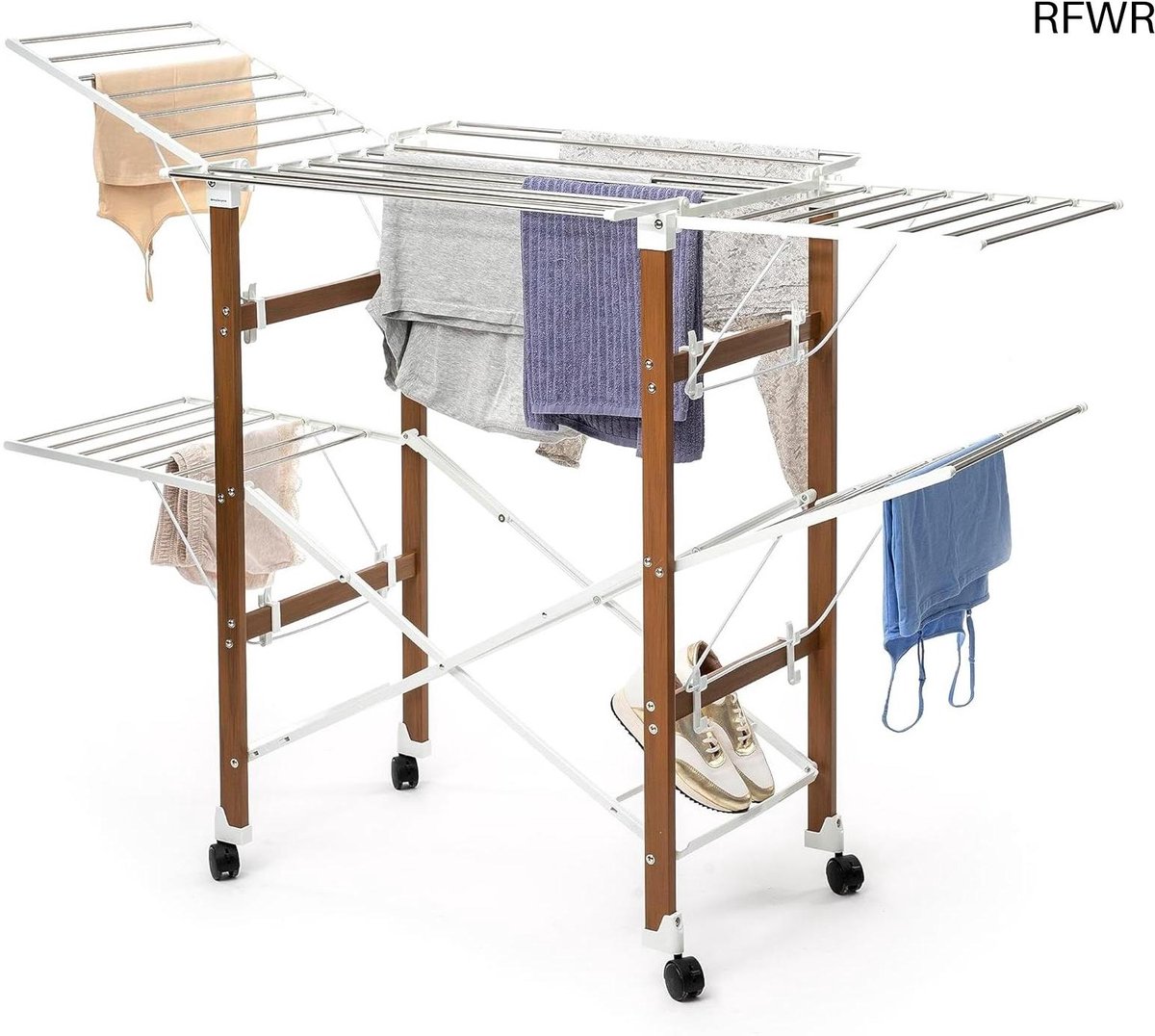  ® Inklapbaar Droogrek met Wielen - Ruimtebesparend, Meerdere Posities en Schoenensteunen