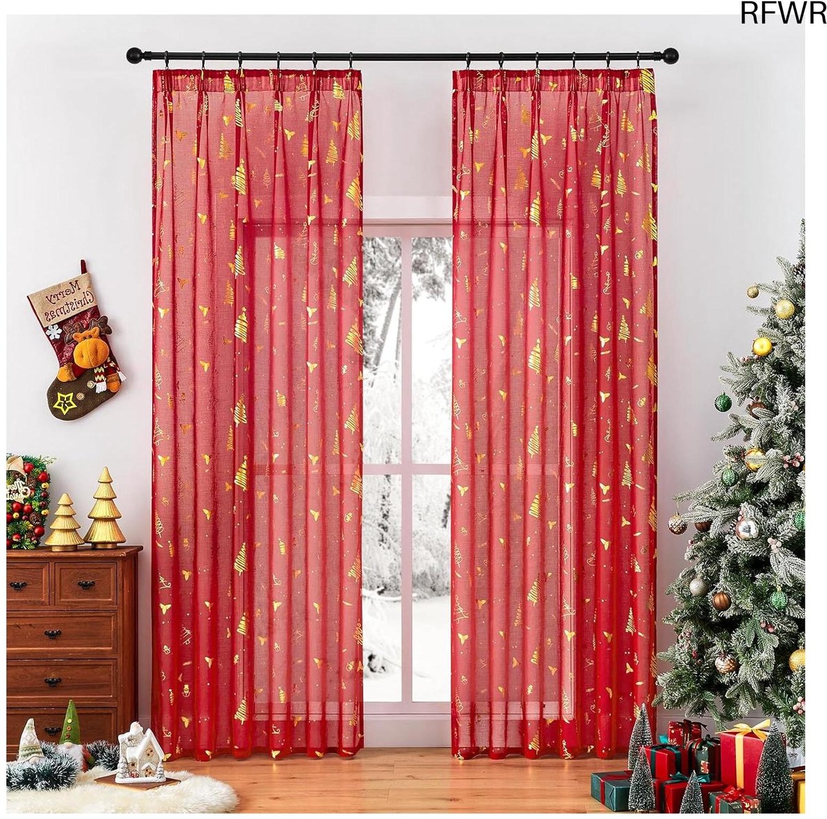  ® Kerstgordijnen Set van 2 - Rood en Transparant, 240 cm Hoog voor een Feestelijke Sfeer