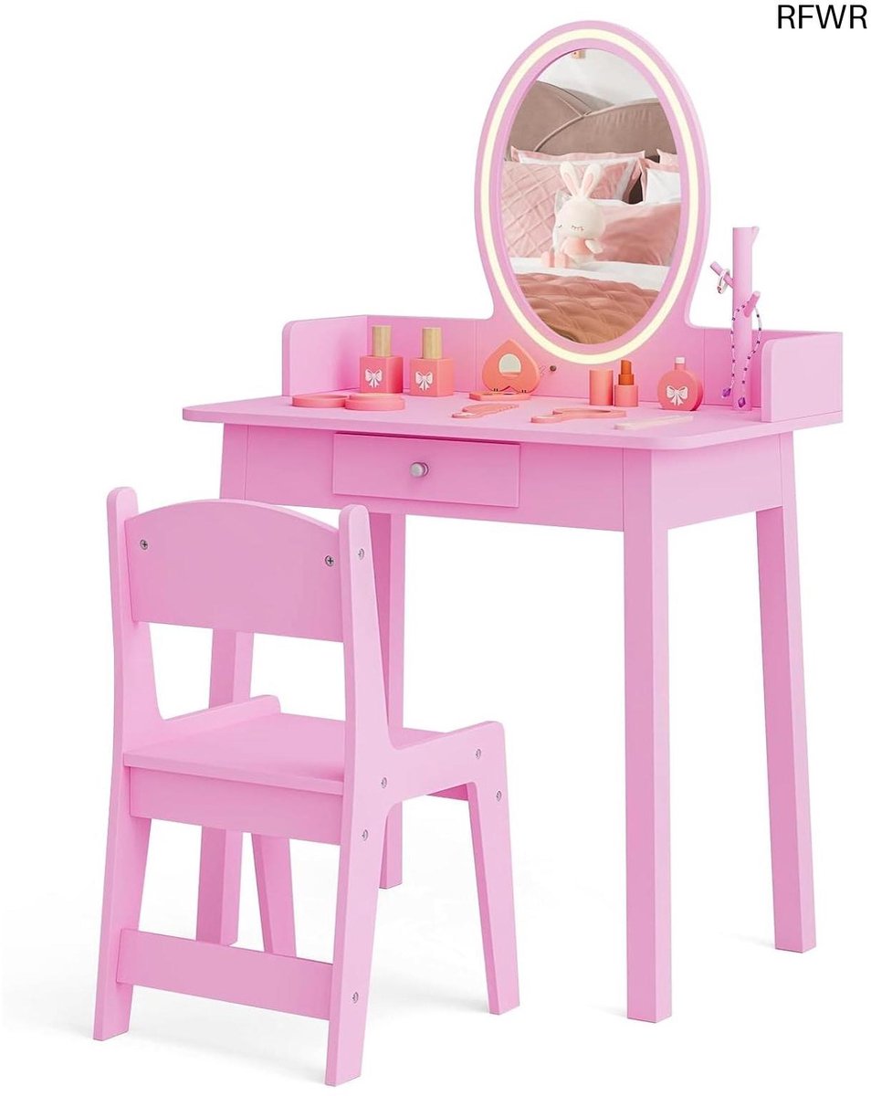  ® Make-uptafel voor Kinderen met Stoel en LED Spiegel - Bureauset voor Meisjes van 3 tot 8 Jaar