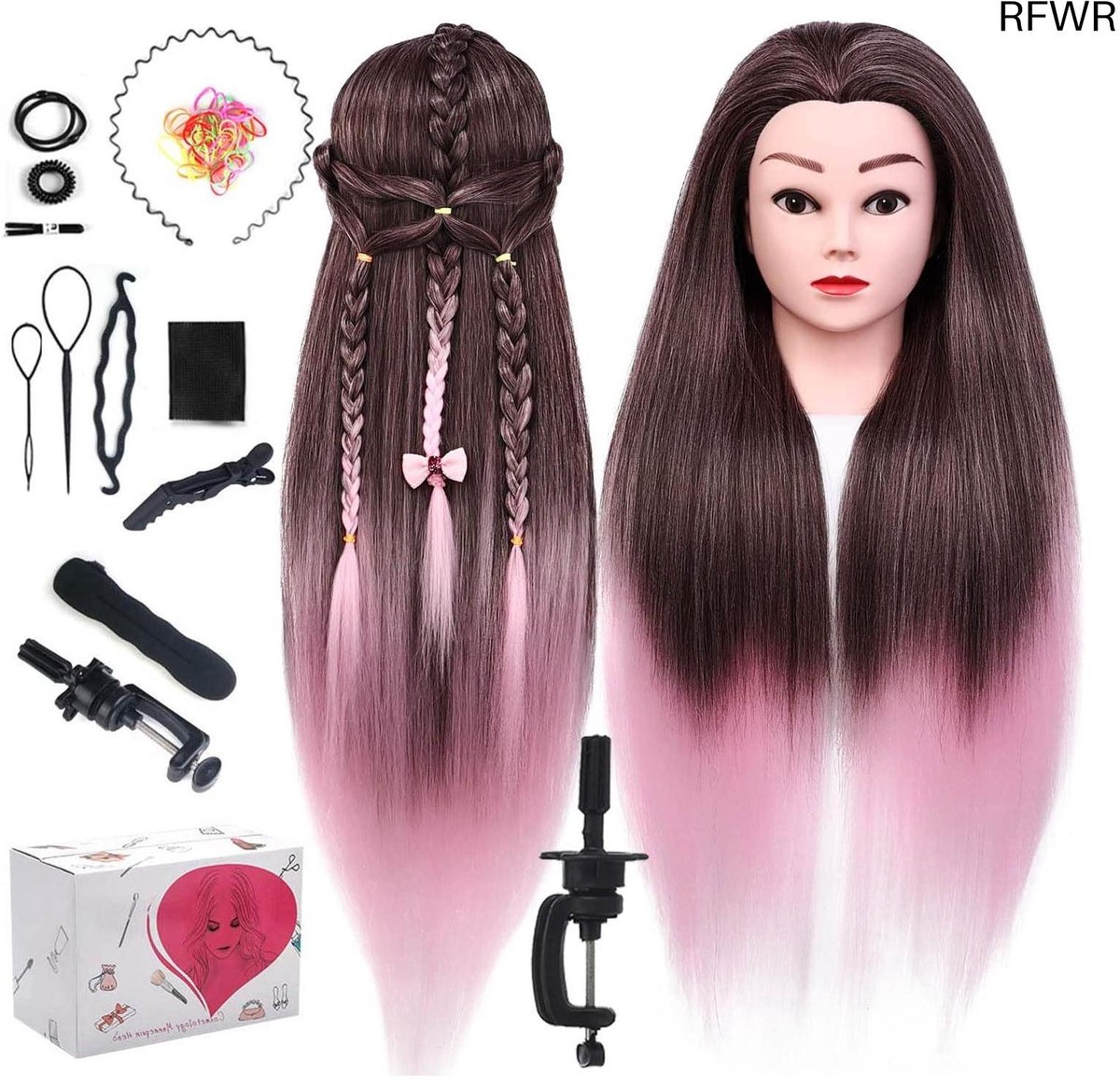  ® Oefenhoofd Kapper met 100% Kunsthaar - Mannequin Hoofd 60 cm Roze voor Kapseltraining