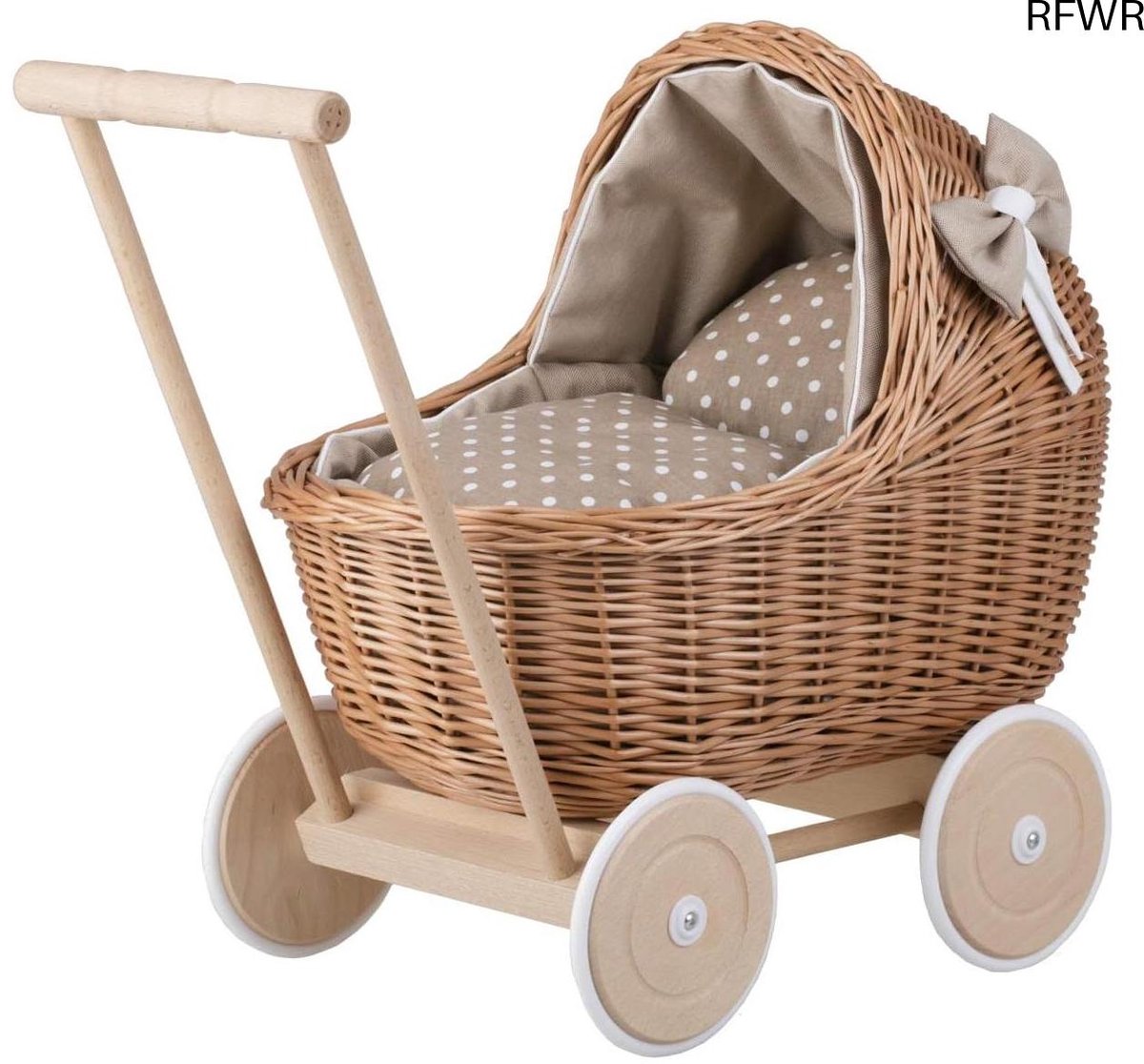  ® Rieten poppenwagen met bedlinnen voor kinderen