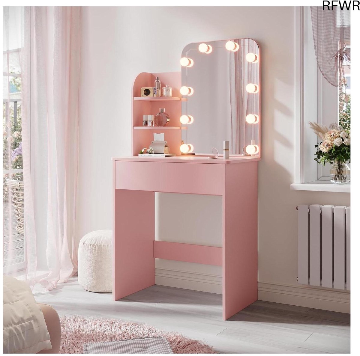  ® Roze Make-uptafel voor Kinderen met Ledverlichting en Spiegel